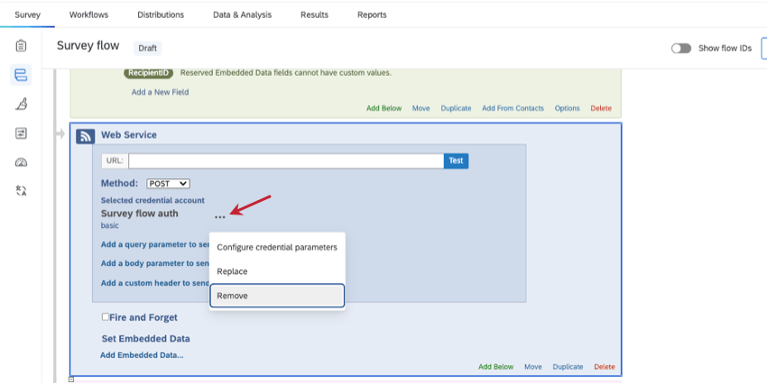 3 dot menu next to survey flow web service credentials name opened