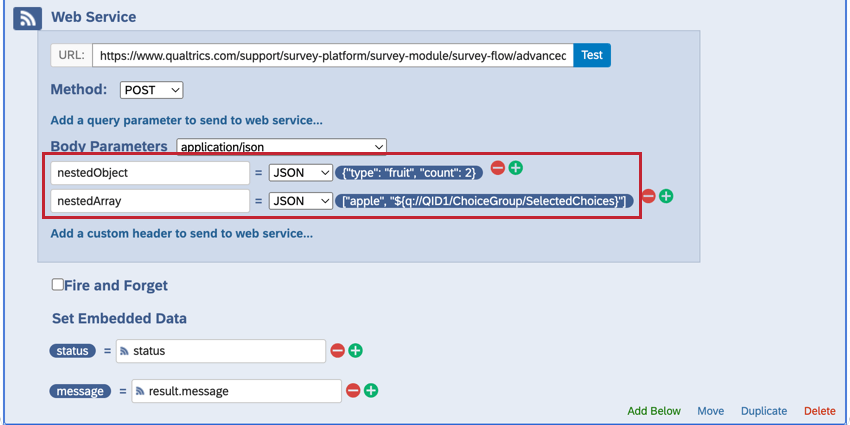 a web service element using raw json format for body parameters