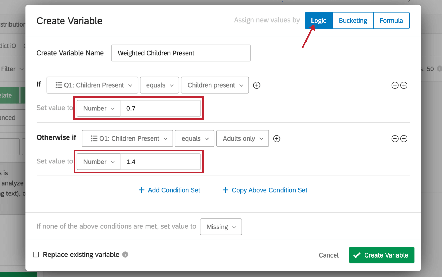 Setting weights in Logic tab in Create Variable menu