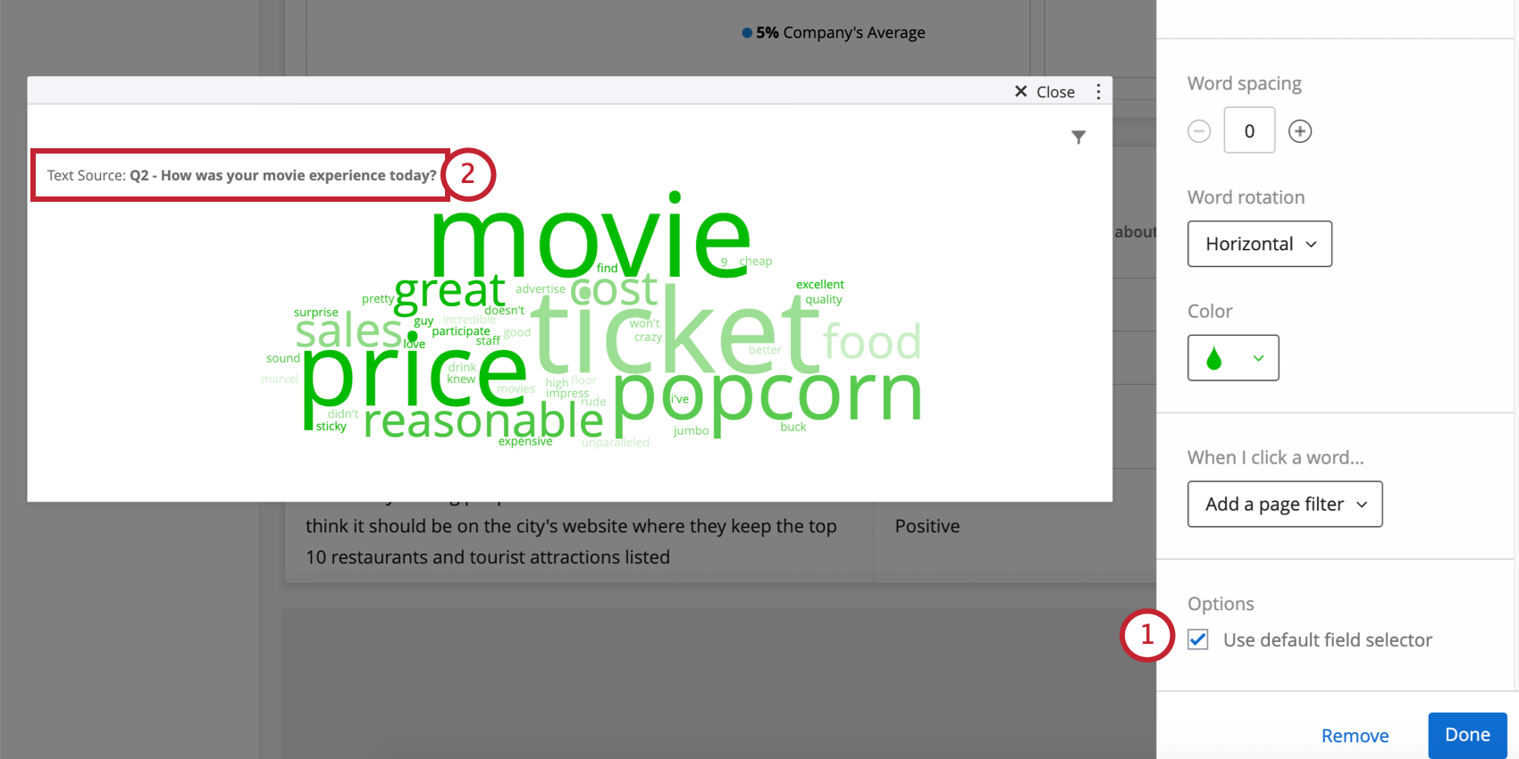 Word cloud where use default field selector is enabled. Creates a dropdown in the upper-left of the widget