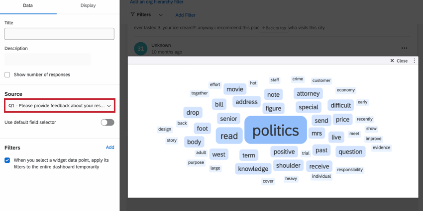 using the source dropdown to choose which question reponses to display
