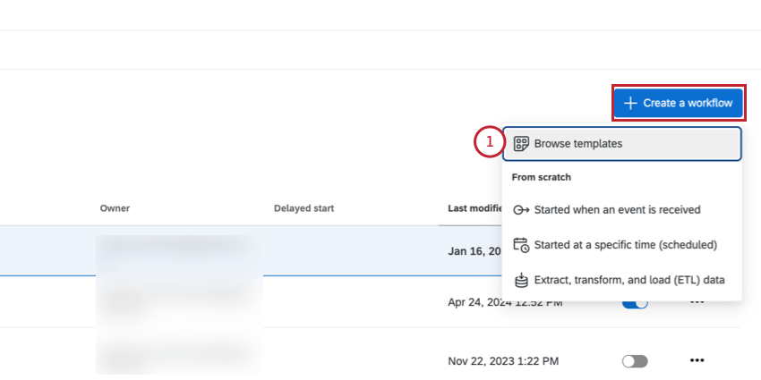 clicking "create a workflow" and choosing to browse templates