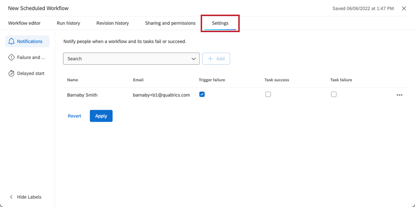 Settings tab of a workflow