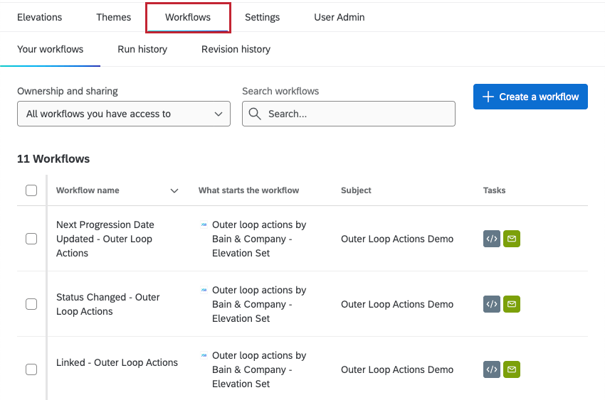 workflows tab highlighted within a bain outer loop project