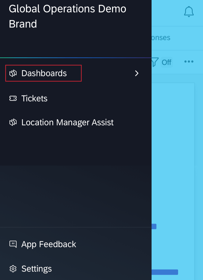 the dashboards option in the app menu