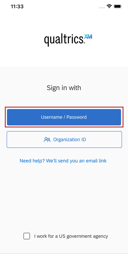 the username / password button on the login screen