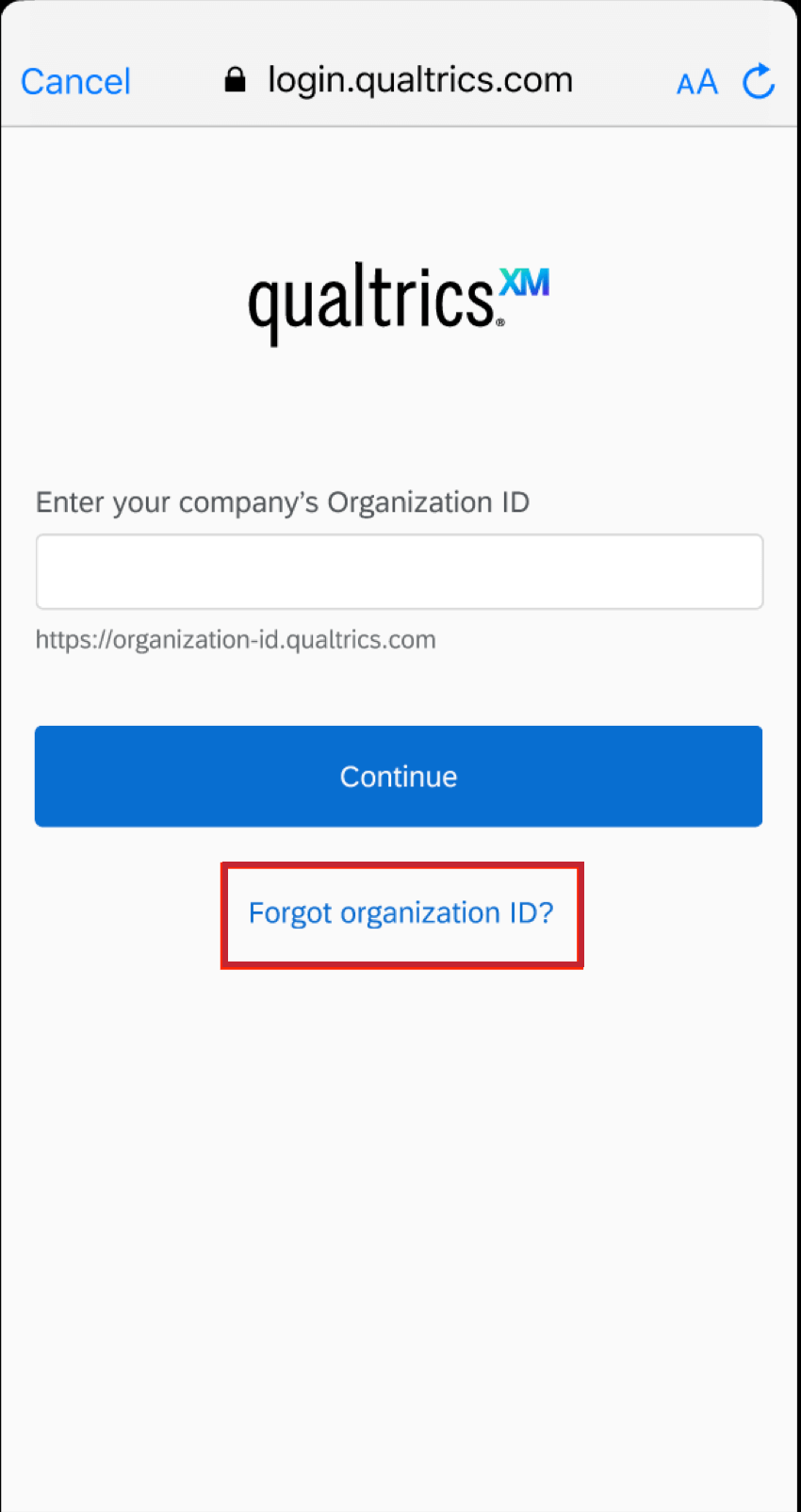 Text that says "Forgot organization ID?"