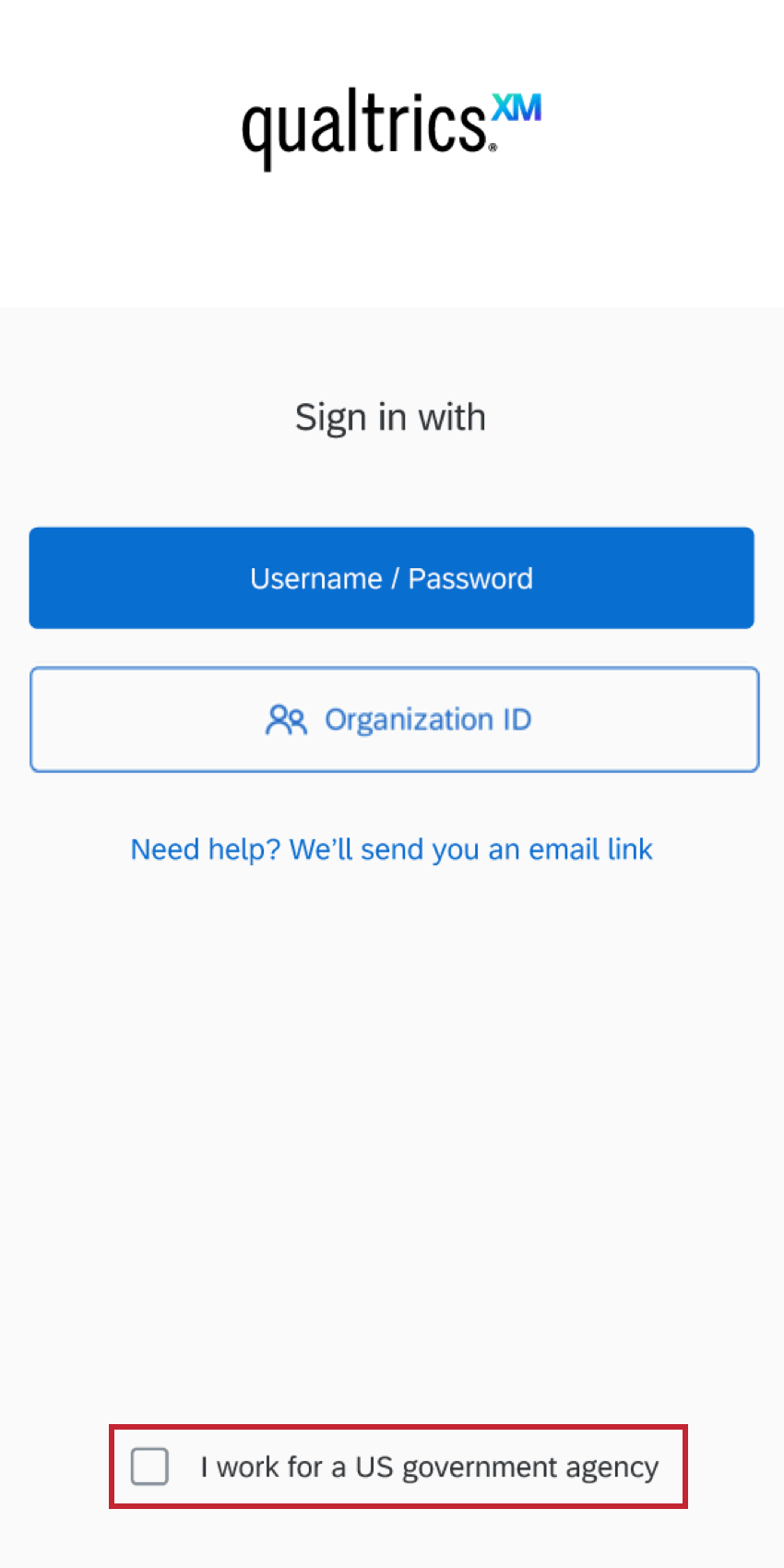 Bottom of the login screen, an option for indicating you are from a US government agency