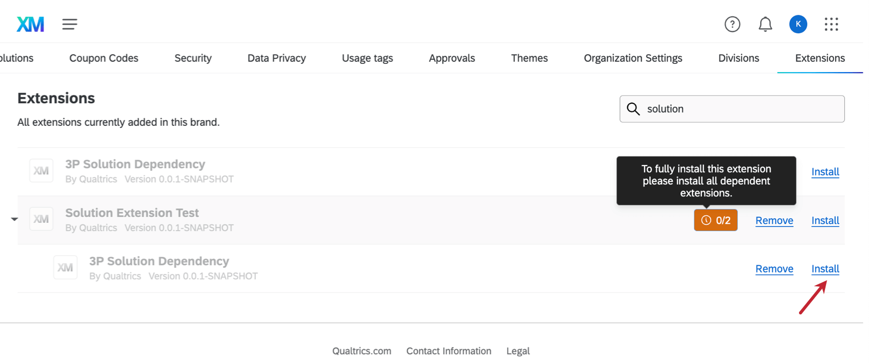 Image of how dependencies may appear in Extensions page, indented under the primary solution