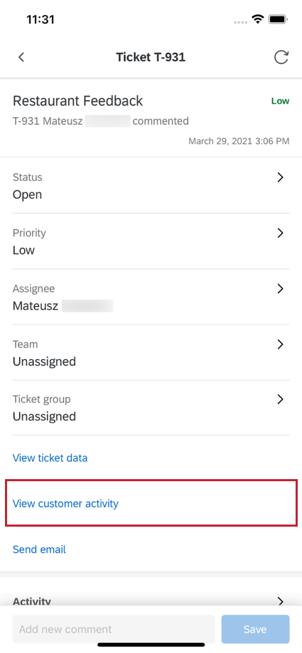 View customer activity option for a specific ticket
