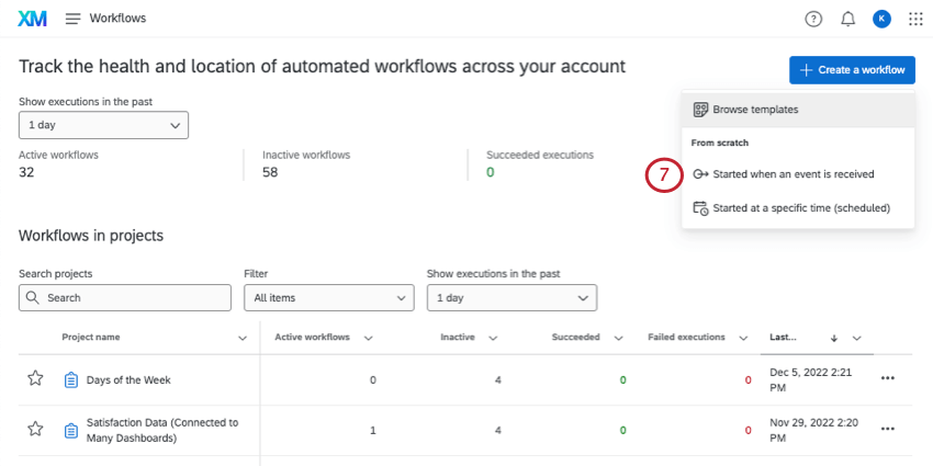 Workflows page, highlighting the event-based option