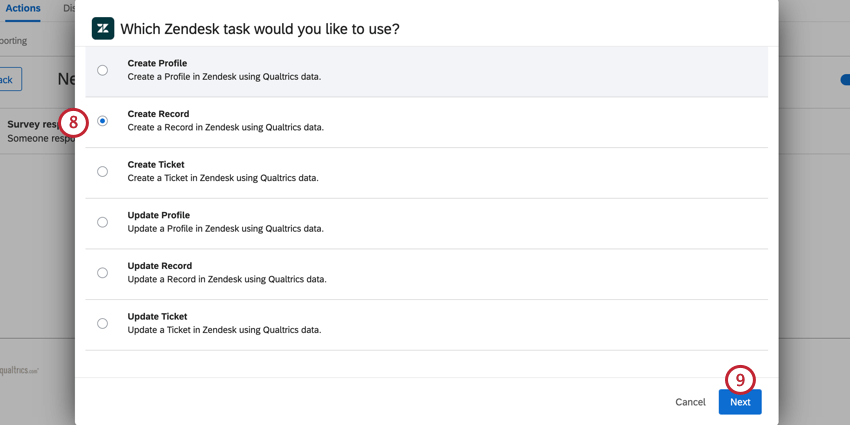 choosing the zendesk task to do and clicking next