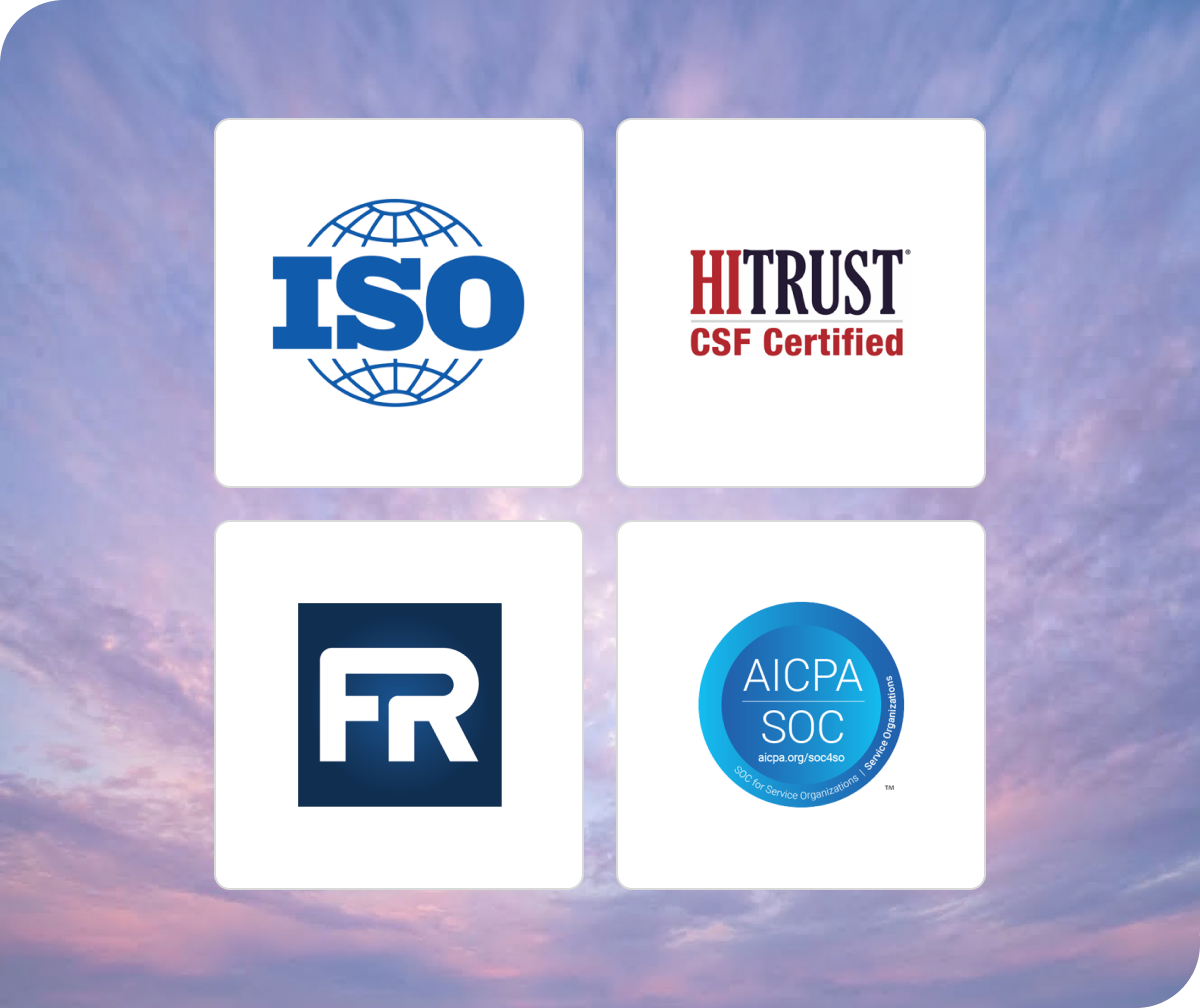 Qualtrics healthcare compliance certifications including ISO, HITRUST CSF, FedRAMP, and AICPA SOC, demonstrating enterprise-grade data security for healthcare organizations.