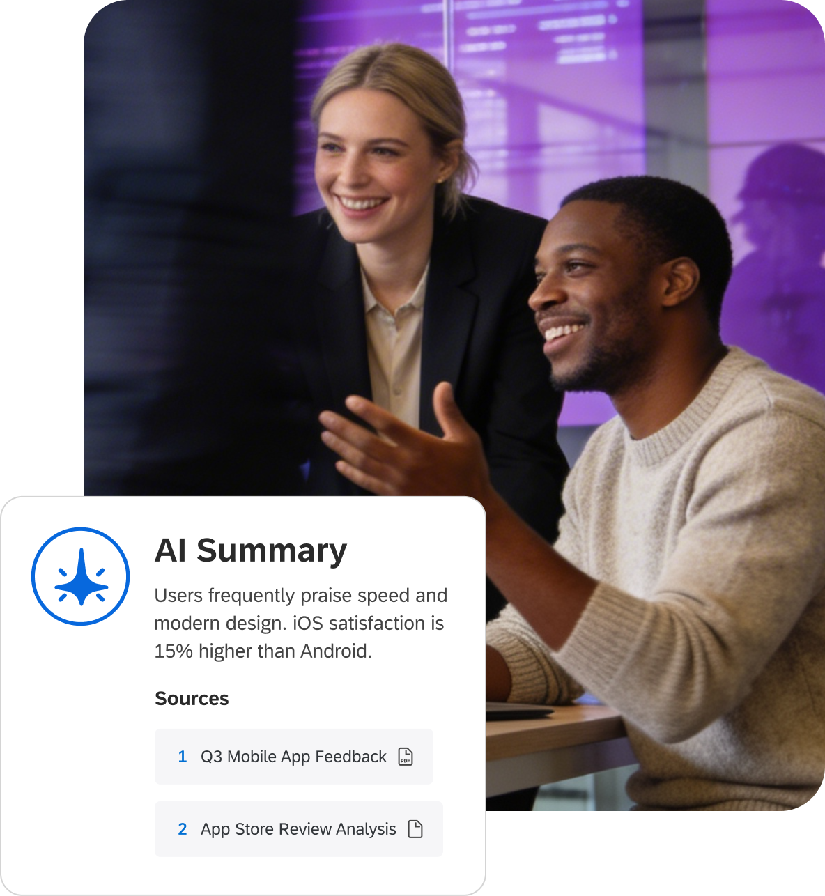 Two smiling professionals alongside Qualtrics product innovation AI summary
