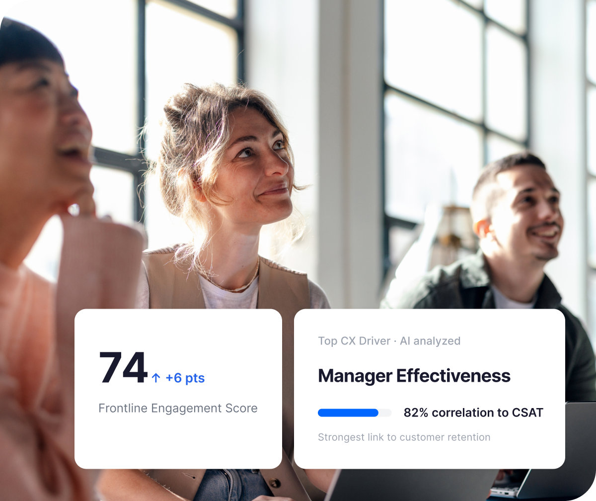 Two Qualtrics cards showing an engagement driver analysis ranking manager effectiveness and growth and development as top retention and productivity drivers, alongside a recommended actions panel suggesting 1:1s, recognizing top performers, and reviewing workload distribution.