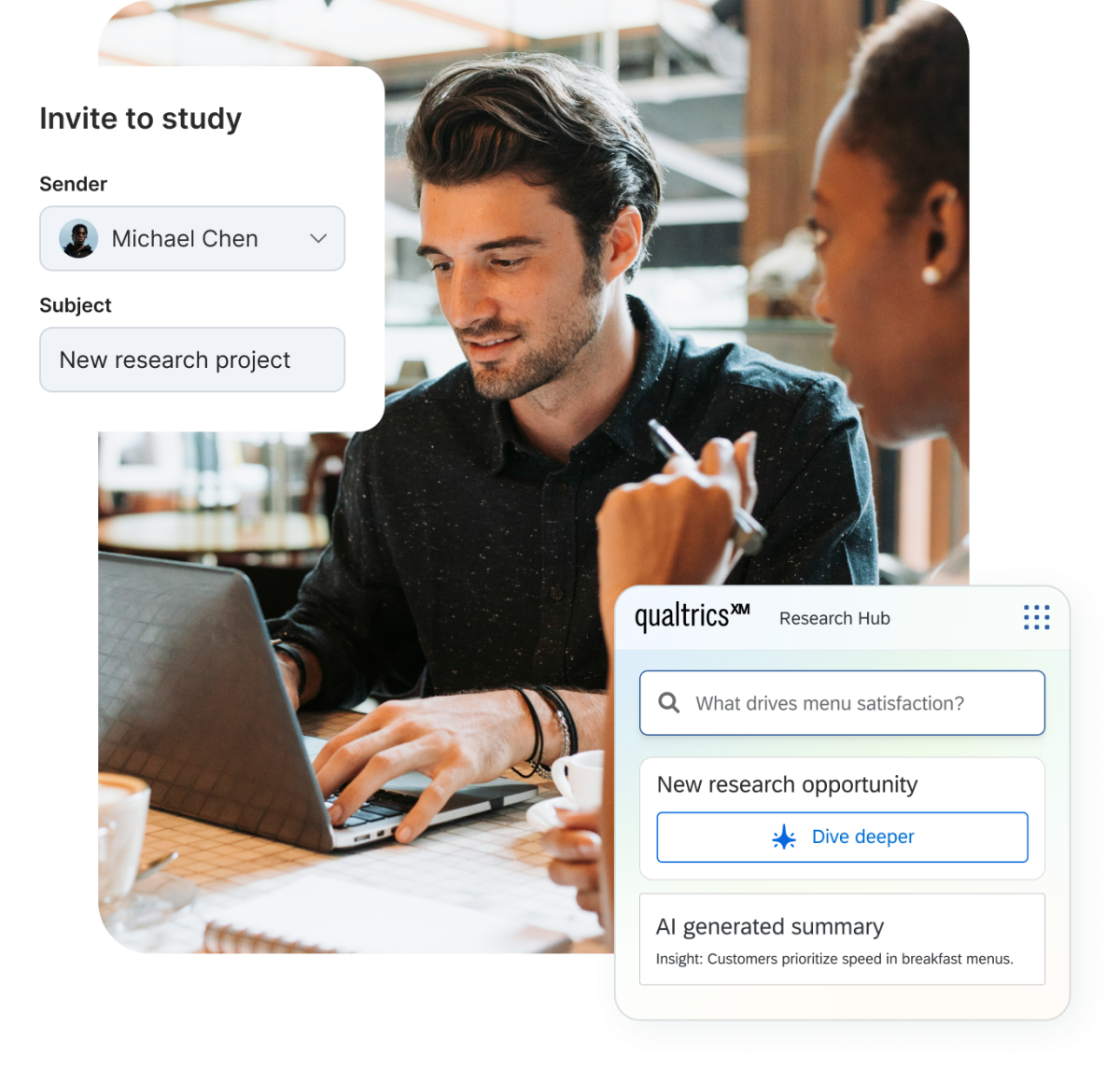 Two professionals collaborating at a laptop, with Qualtrics UI showing a study invitation workflow and a Research Hub AI-generated insight about menu satisfaction.