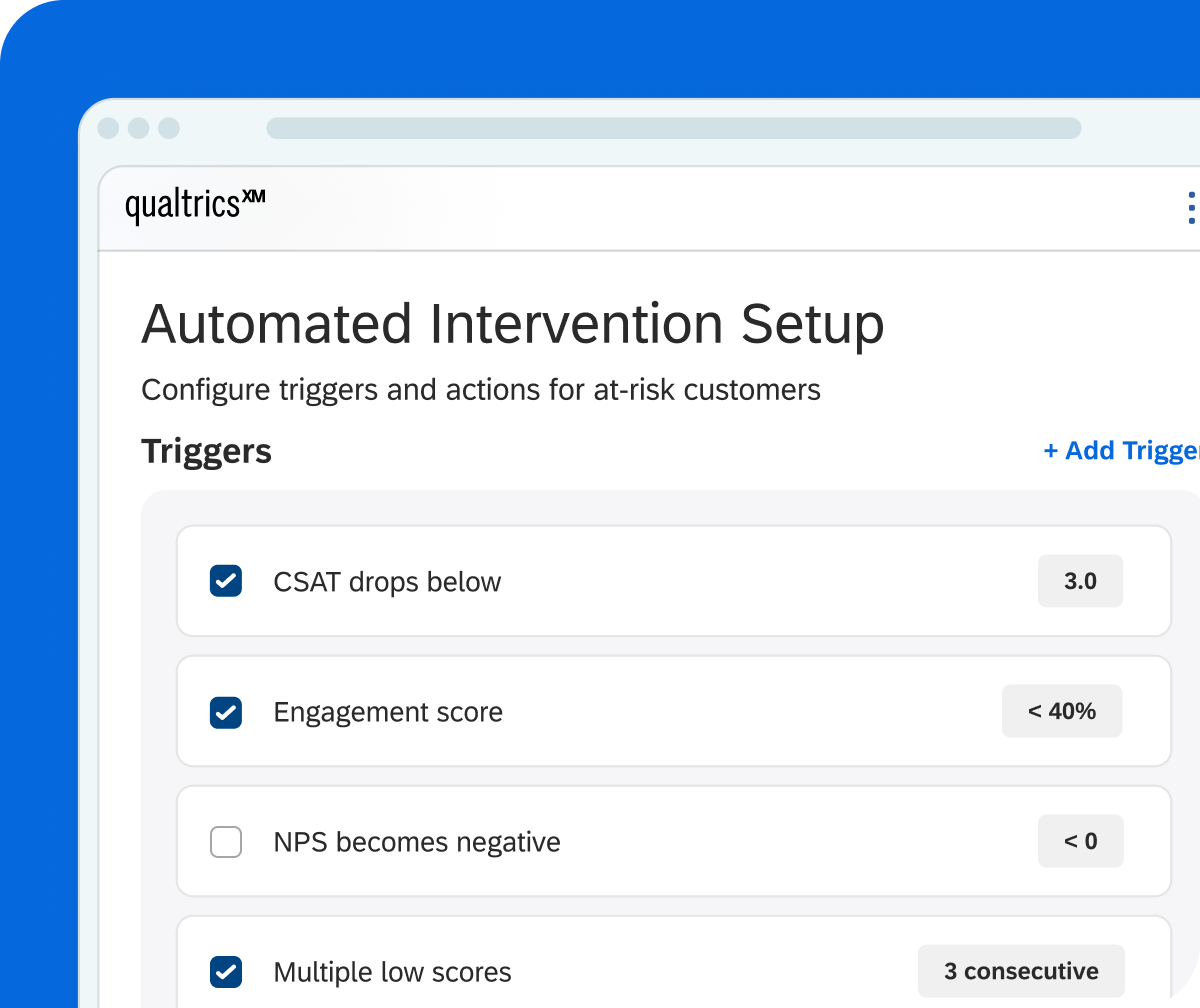 Qualtrics Automated Intervention Setup showing triggers for CSAT below 3.0, engagement score under 40%, and multiple consecutive low scores.