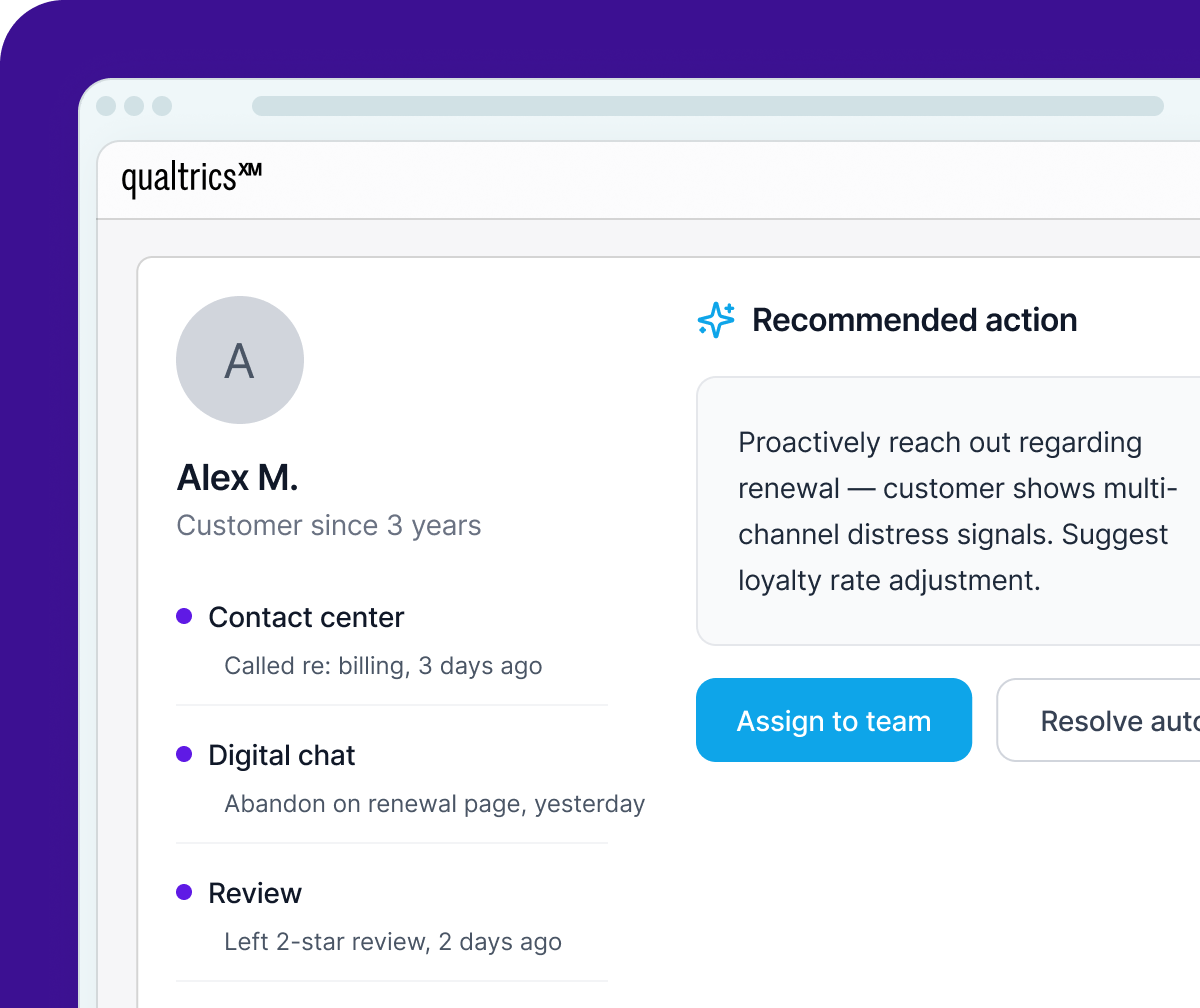 A Qualtrics customer profile for a three-year customer showing signals from contact center, digital chat, and reviews, with an AI-recommended action to proactively reach out regarding renewal.