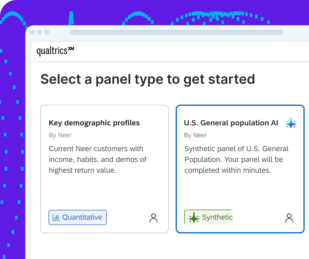 Qualtrics panel selection showing a choice between targeted demographic customer profiles and a synthetic U.S. General Population panel that completes automatically within minutes.