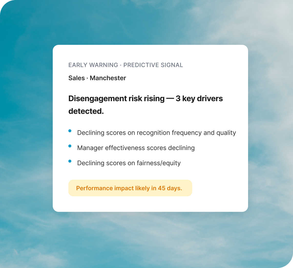 Qualtrics: disengagement risk for Sales Lombardy with three flagged factors and performance impact expected within 45 days.