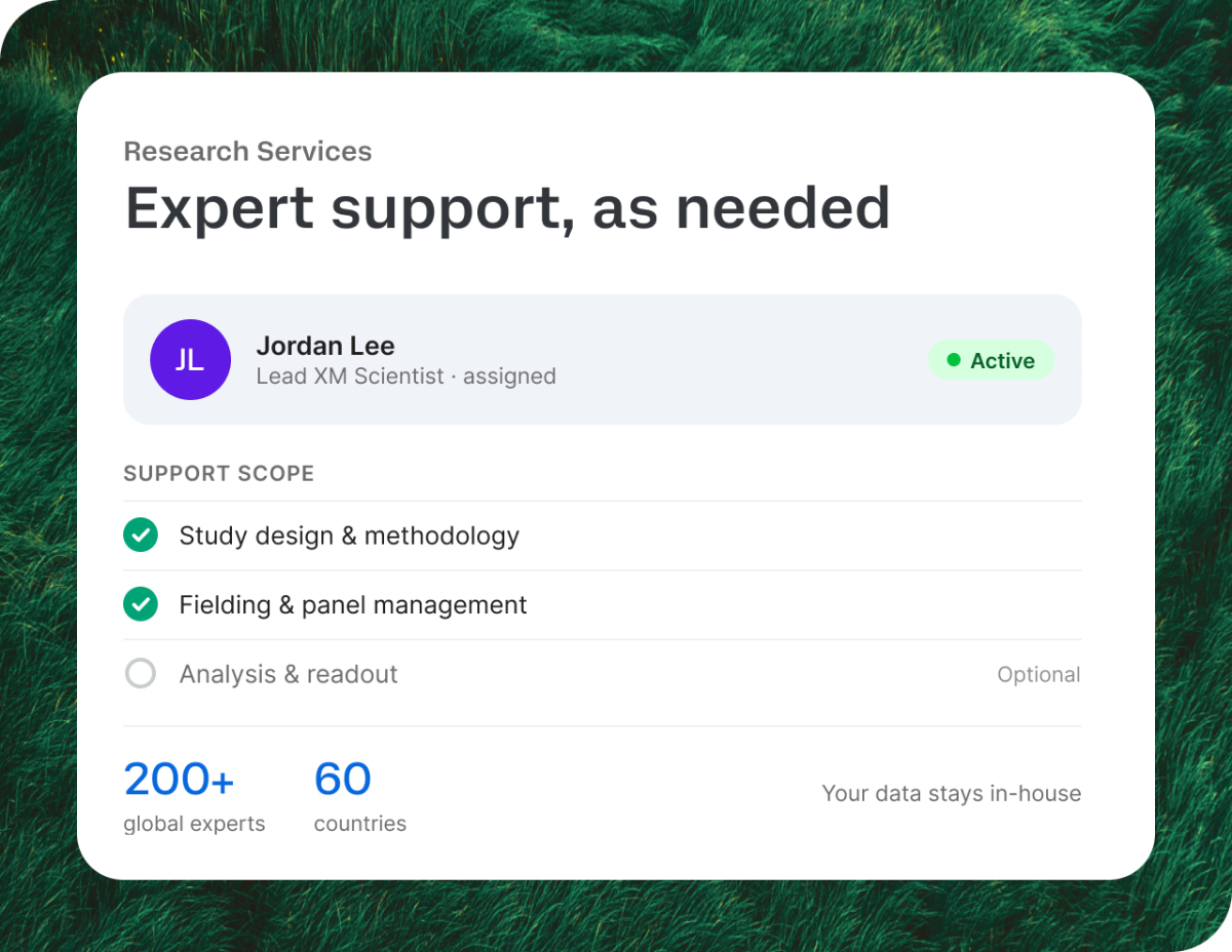 Research Services Expert support, as needed module showing support scope and assigned XM Scientist.