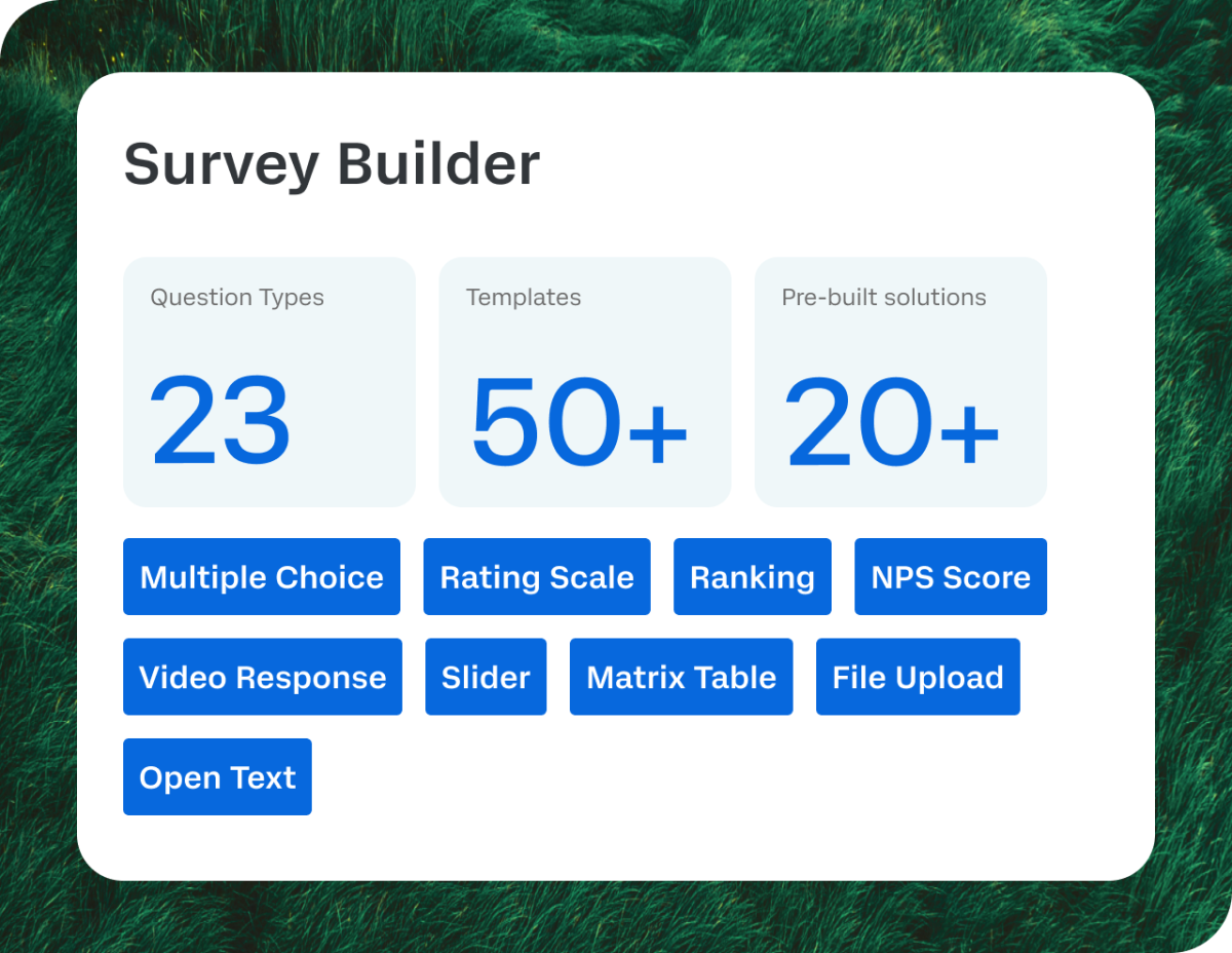 Survey builder - 23 question types, 50+ templates, 20+ pre-built solutions.