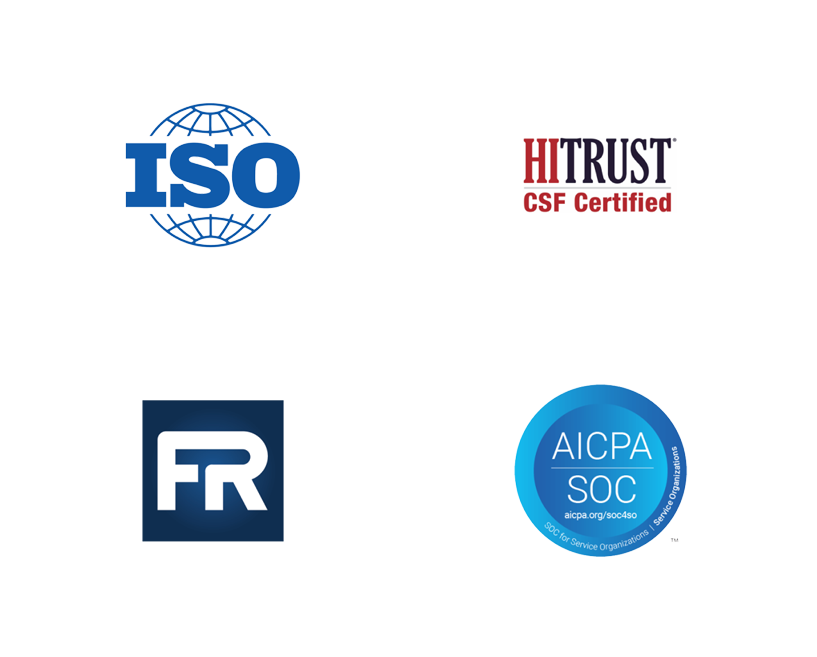 Compliance certification logos for ISO, HITRUST CSF Certified, FedRAMP, and AICPA SOC.