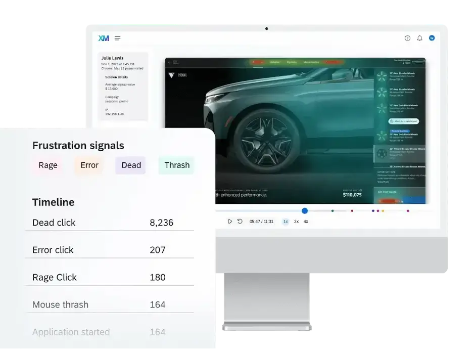 Customer Frustration Signals report showing dead, error and rage clicks in addition to mouse trashes.